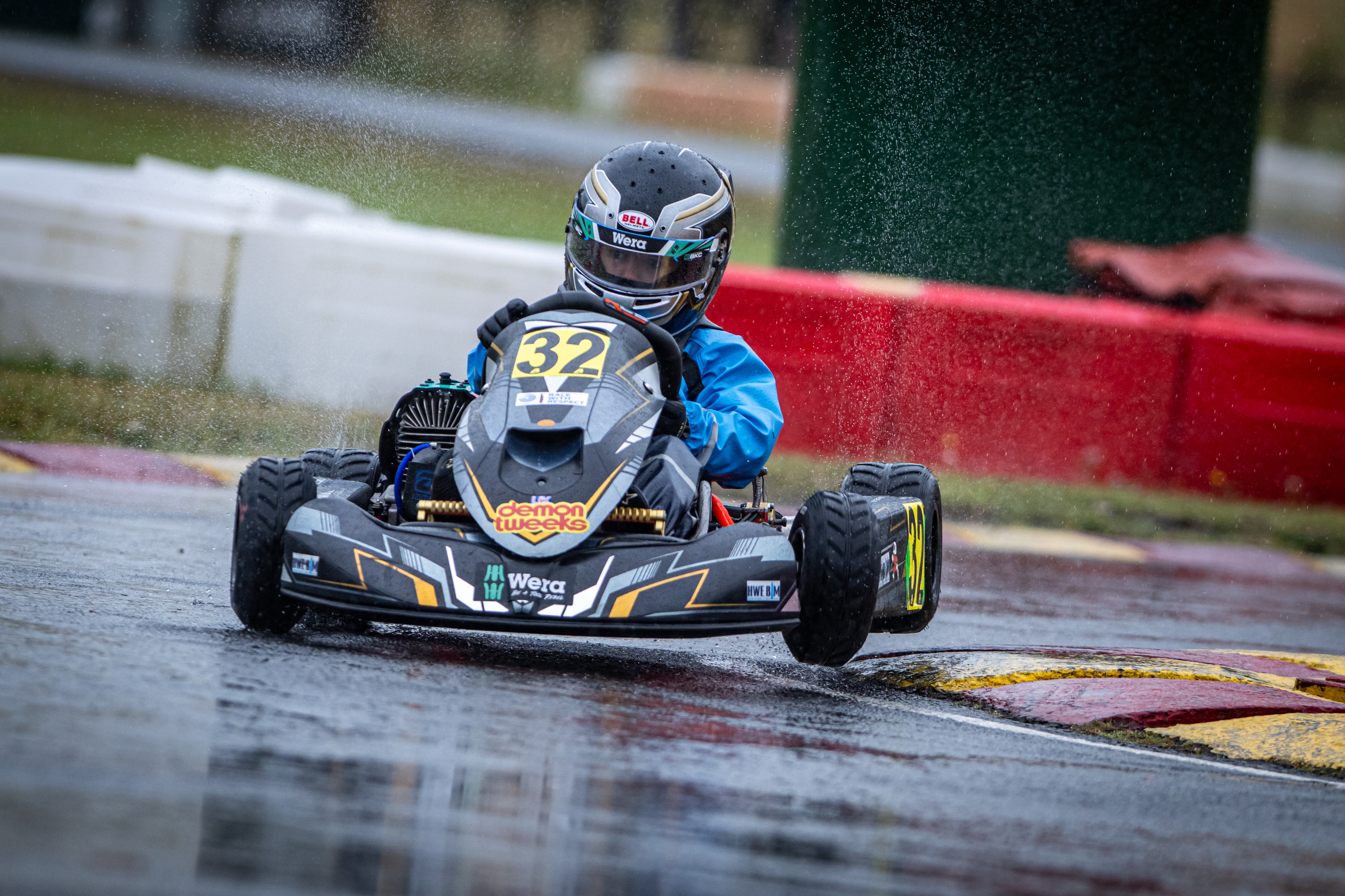 Henry Exton kart number 32 in wet race conditions at Rowrah