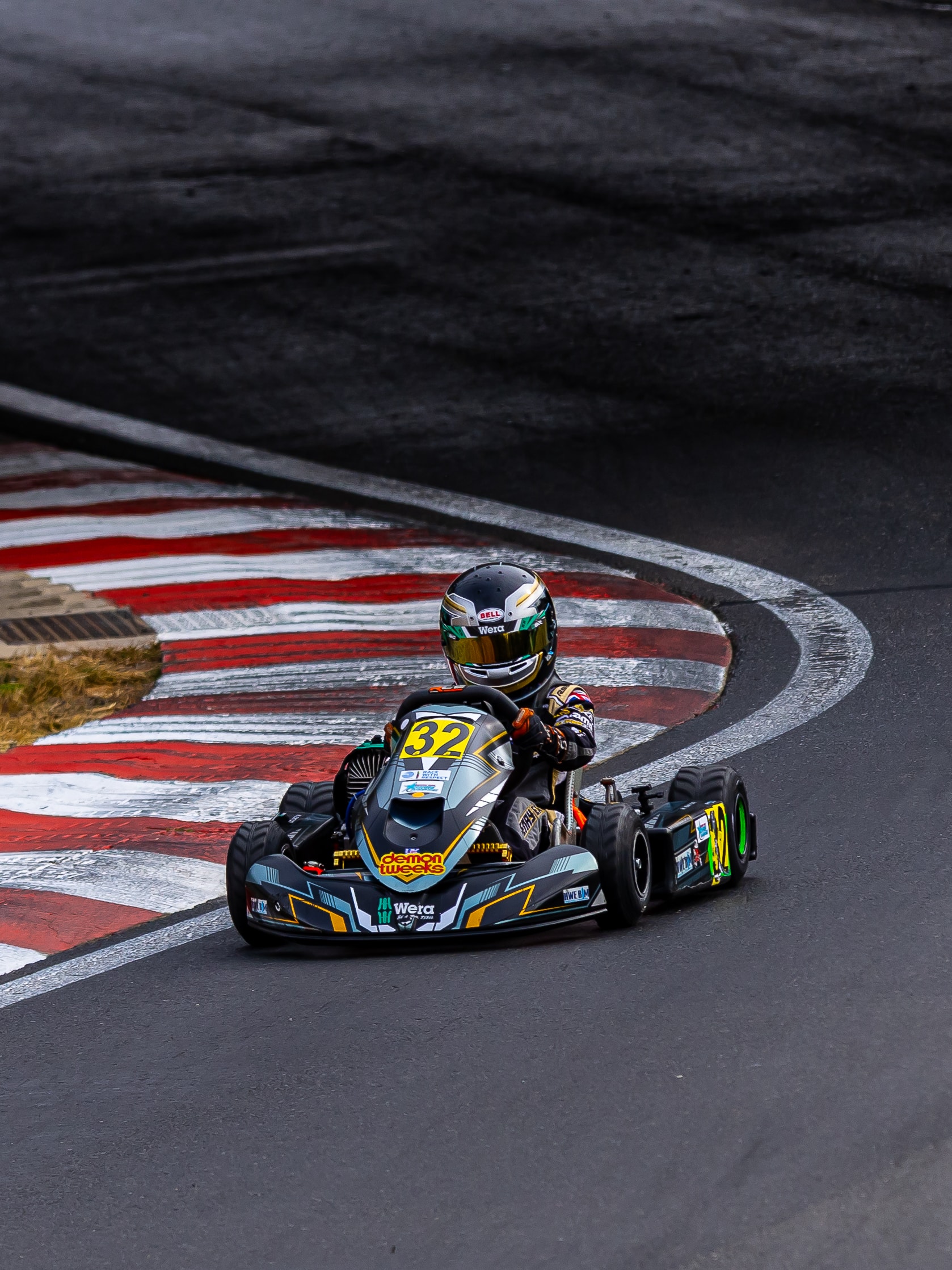 Henry Exton kart number 32 cornering solo at PFI