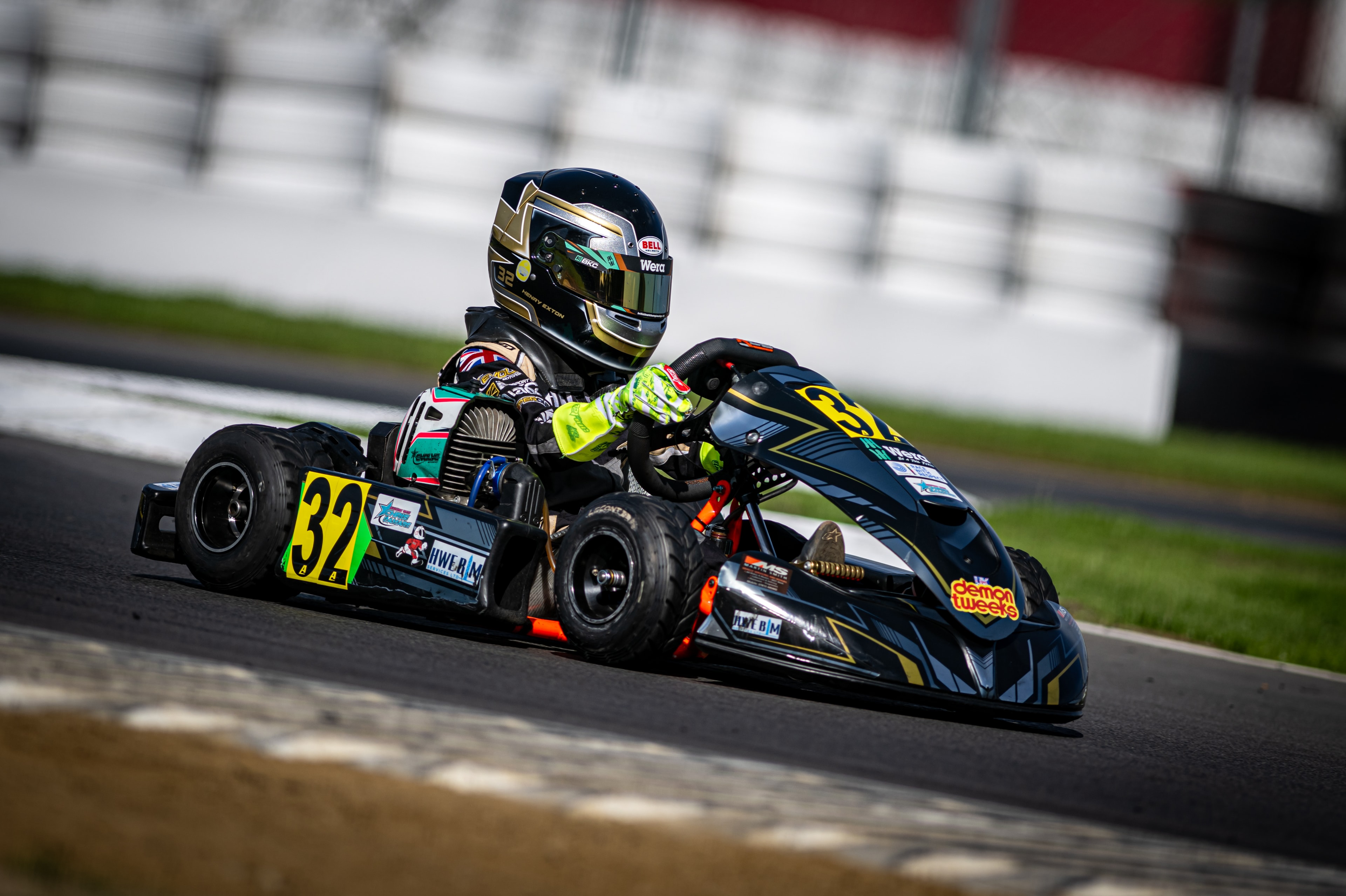 Henry Exton kart number 32 in sunny conditions at Silverstone