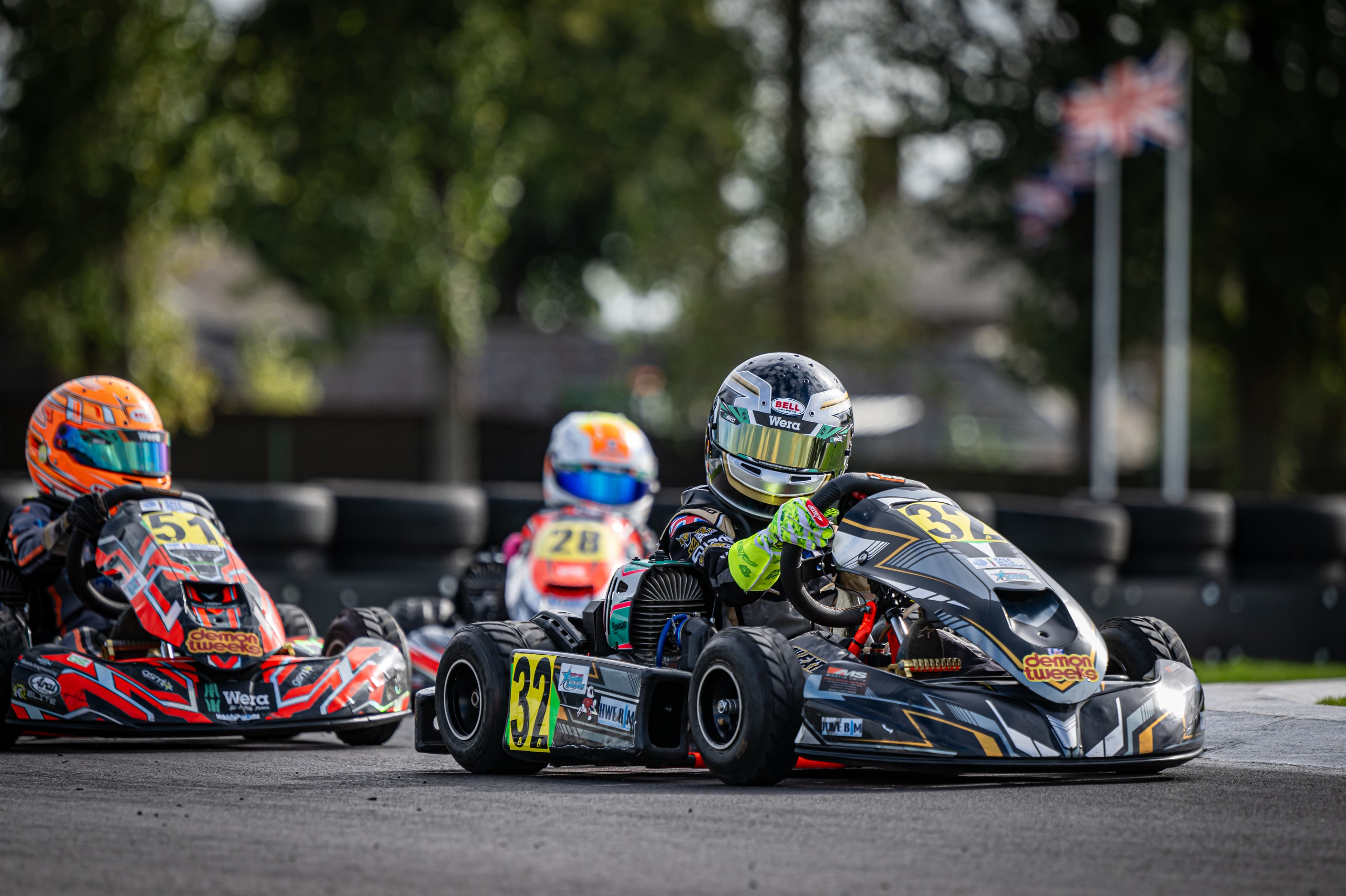 Henry Exton kart number 32 leading the field at Silverstone